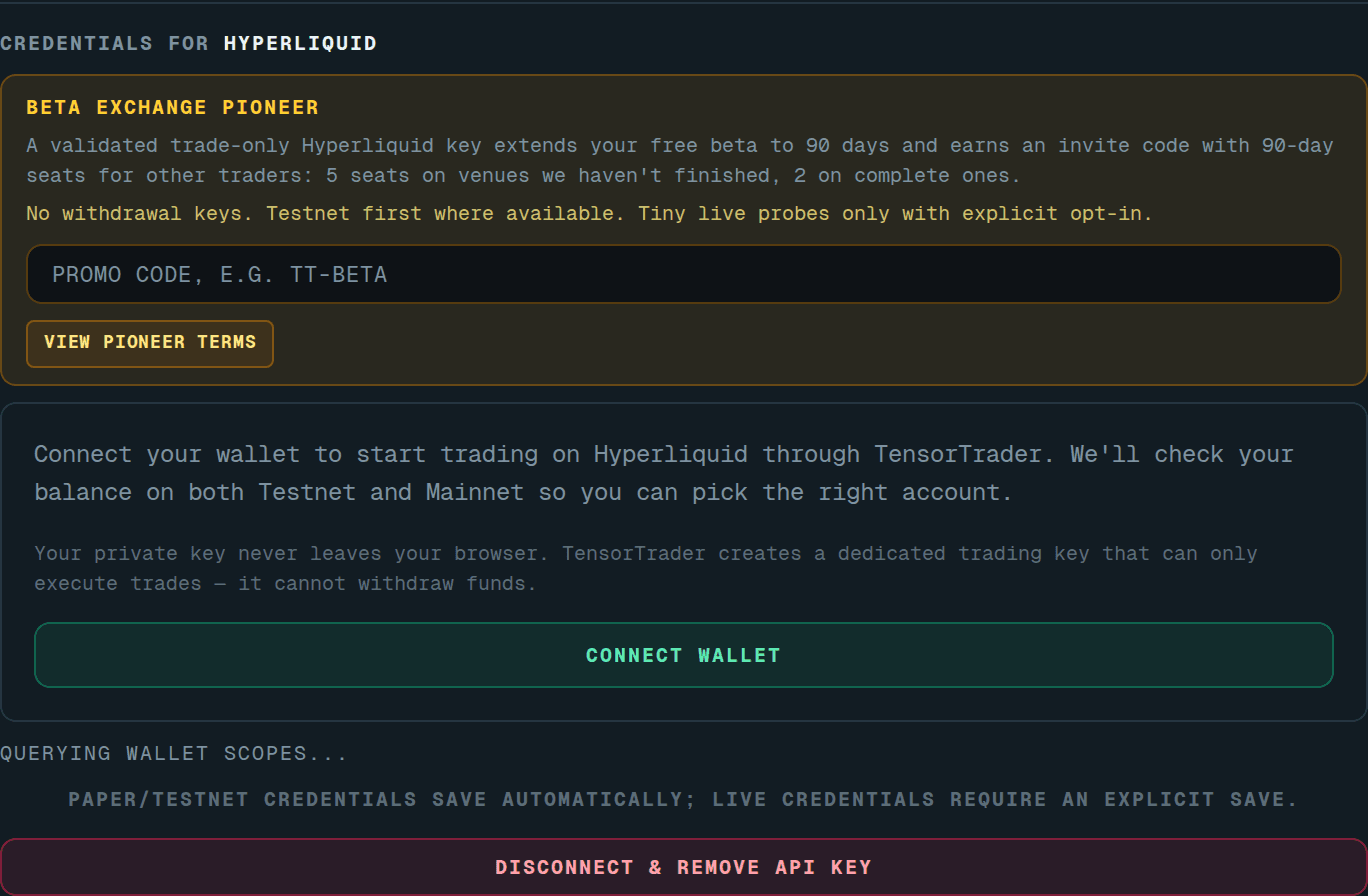 Credentials for Hyperliquid: the Connect Wallet panel instead of key fields