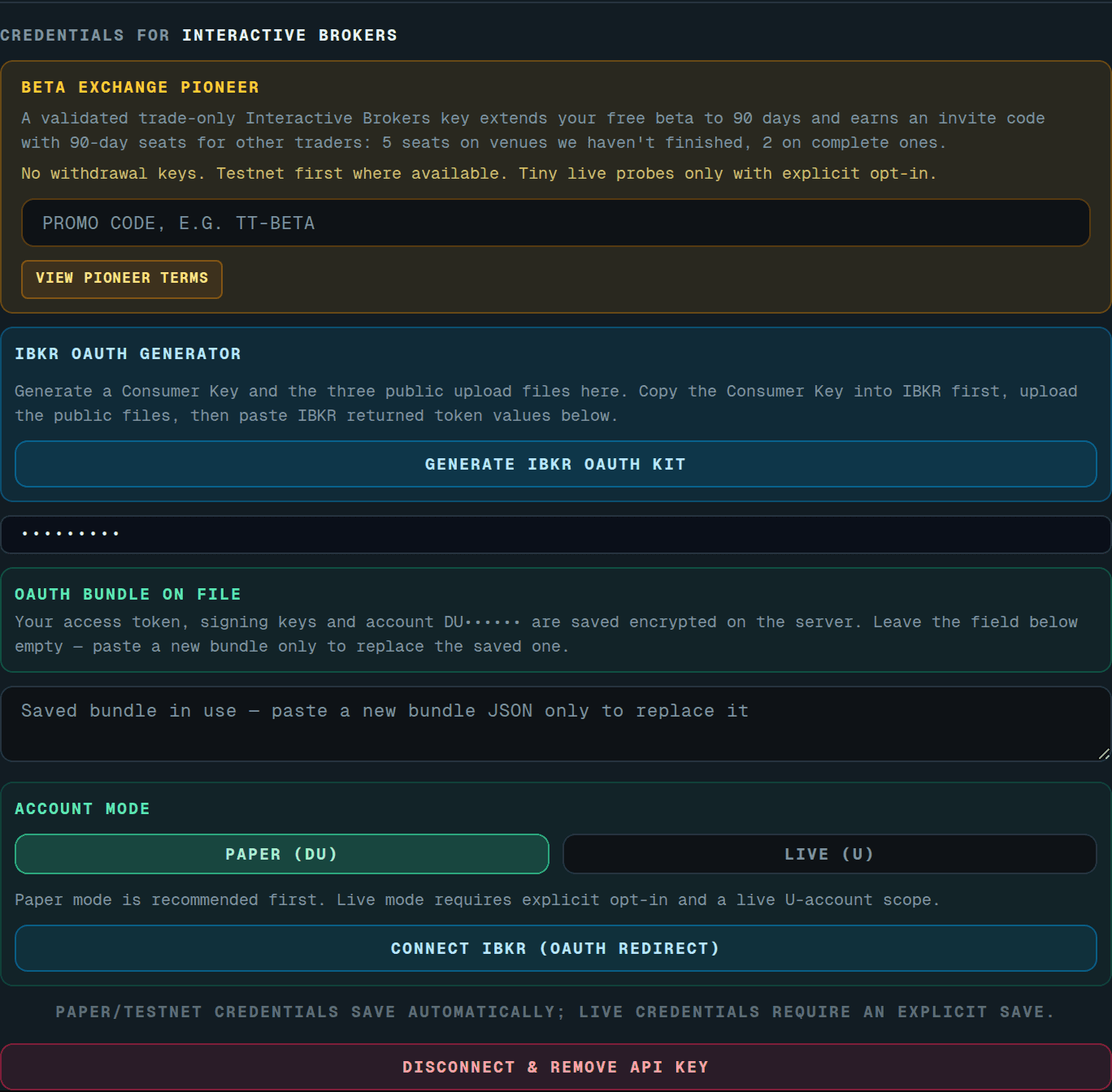 Credentials for Interactive Brokers: IBKR OAuth generator, saved bundle and Paper (DU) / Live (U) account mode