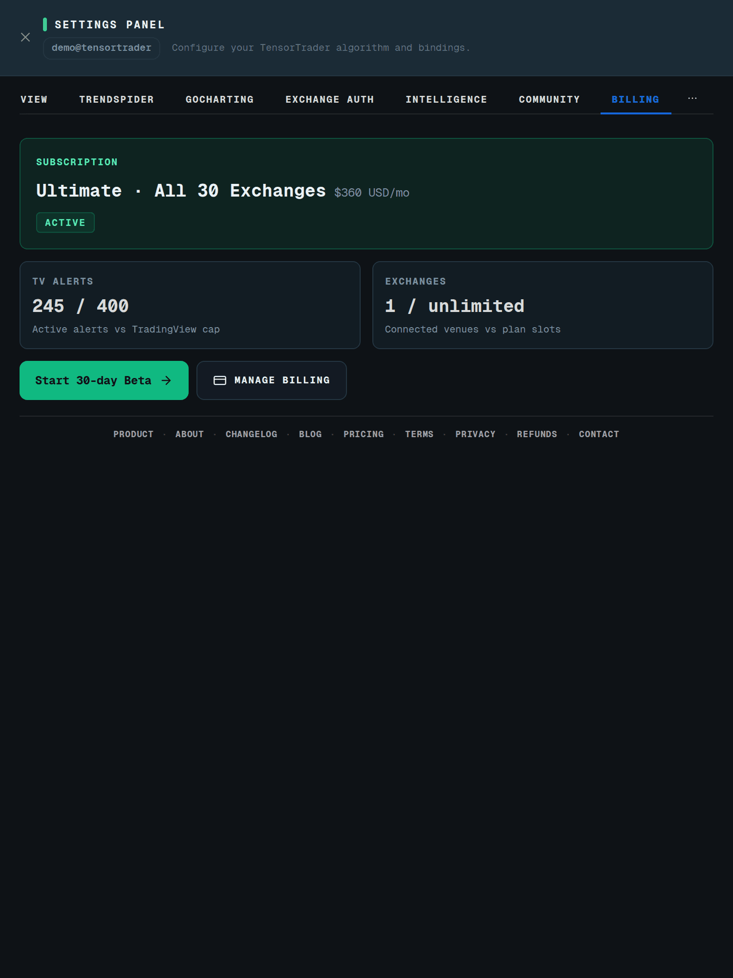 TensorTrader Settings panel, billing tab