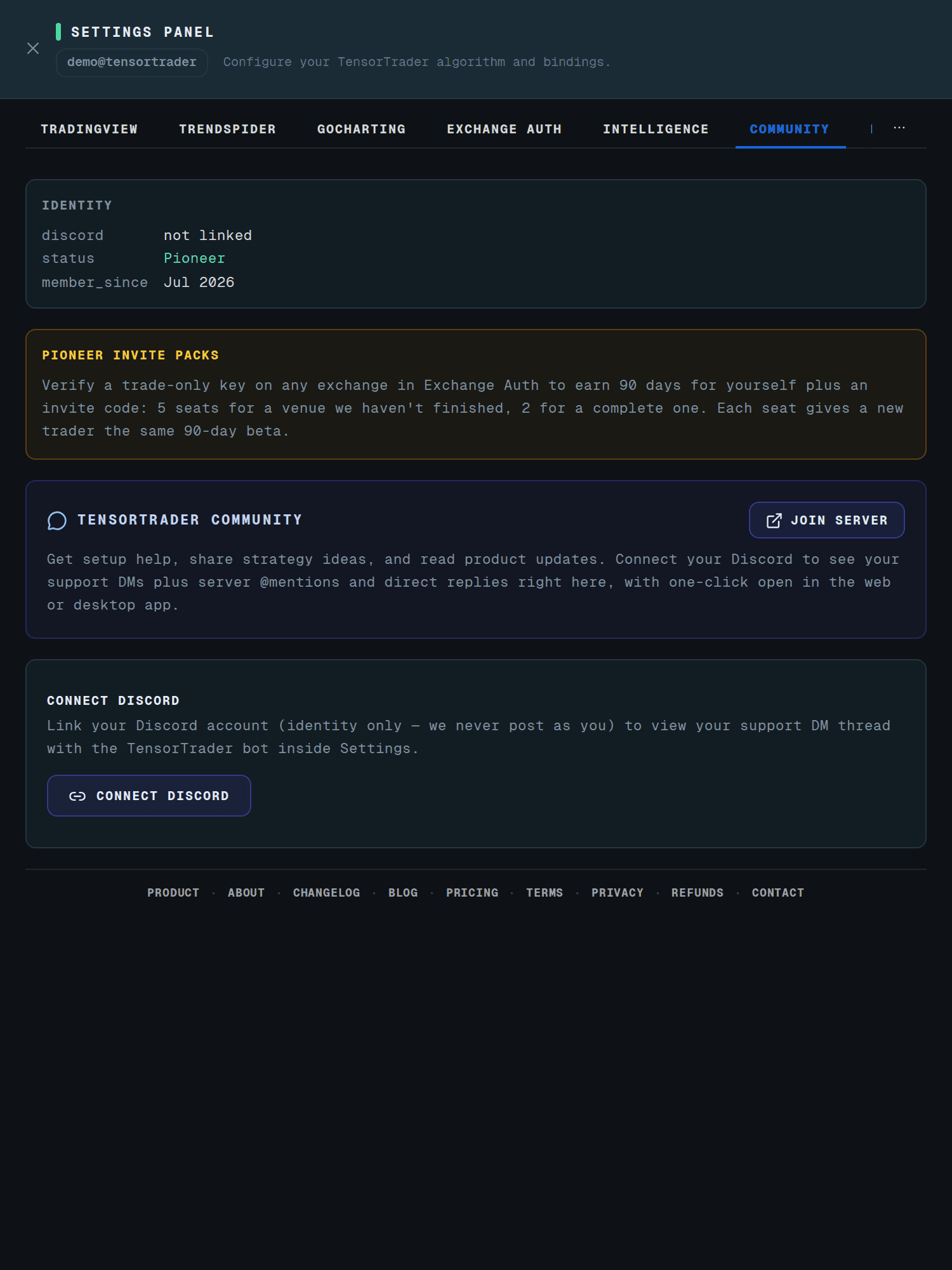 TensorTrader Settings panel, community tab