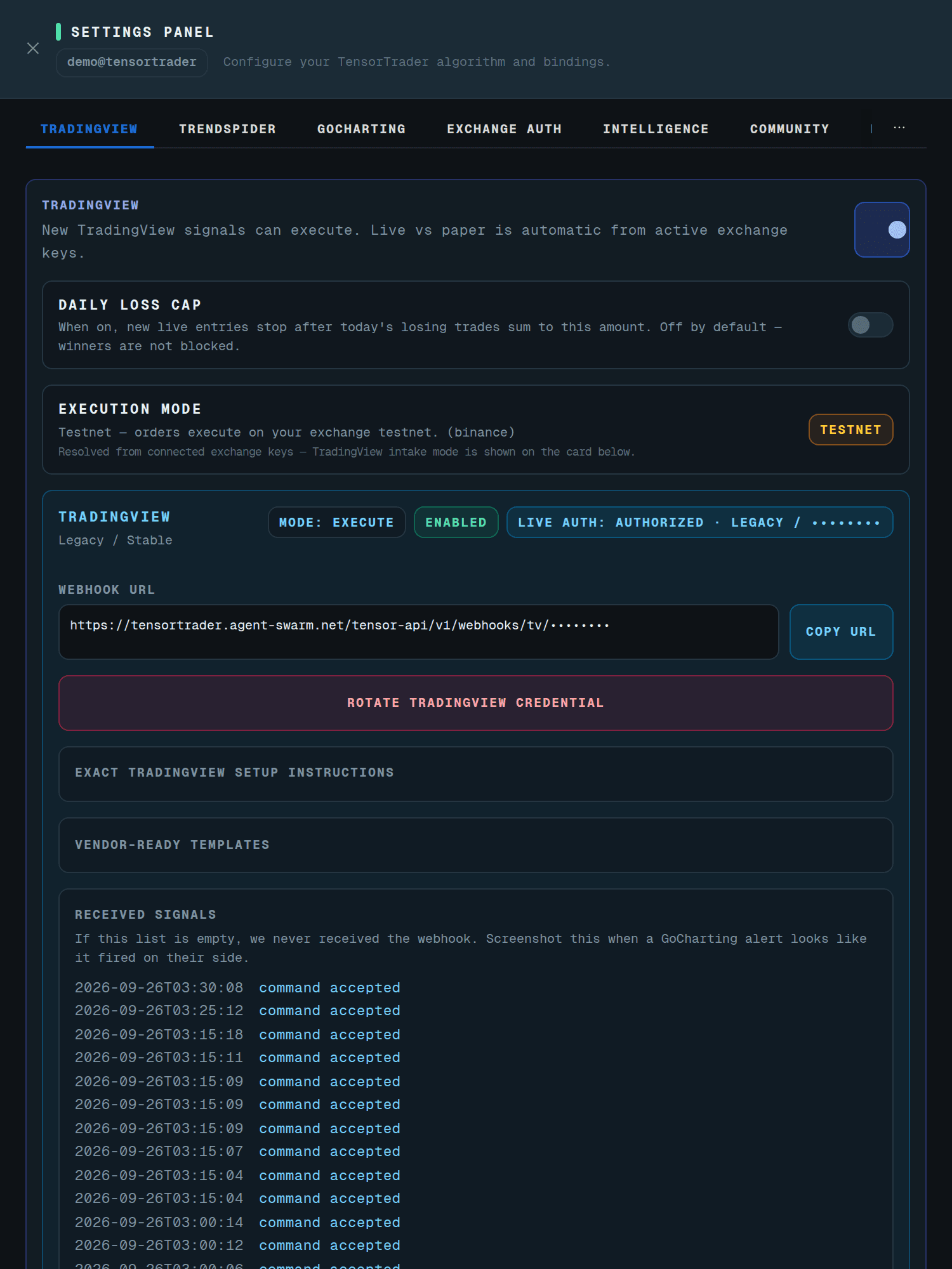 TensorTrader Settings panel, tradingview tab
