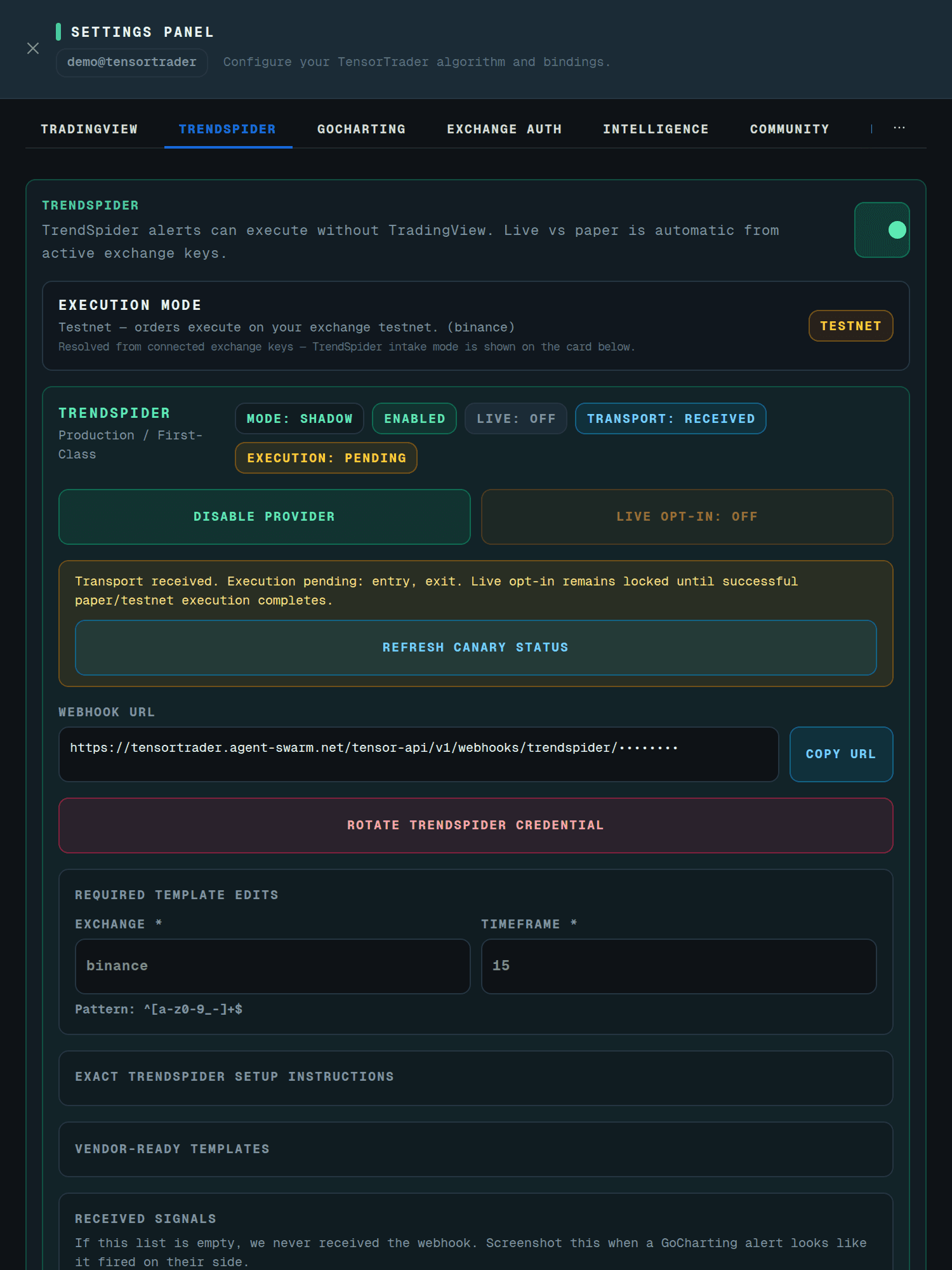 TensorTrader Settings panel, trendspider tab